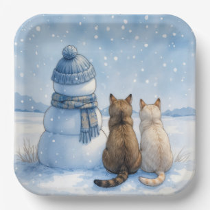 Cats Sitting With a Snowman In a Field Paper Plate