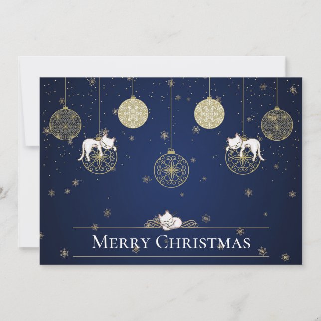Cats Sleeping on Gold Christmas Ornaments Holiday Card (Front)