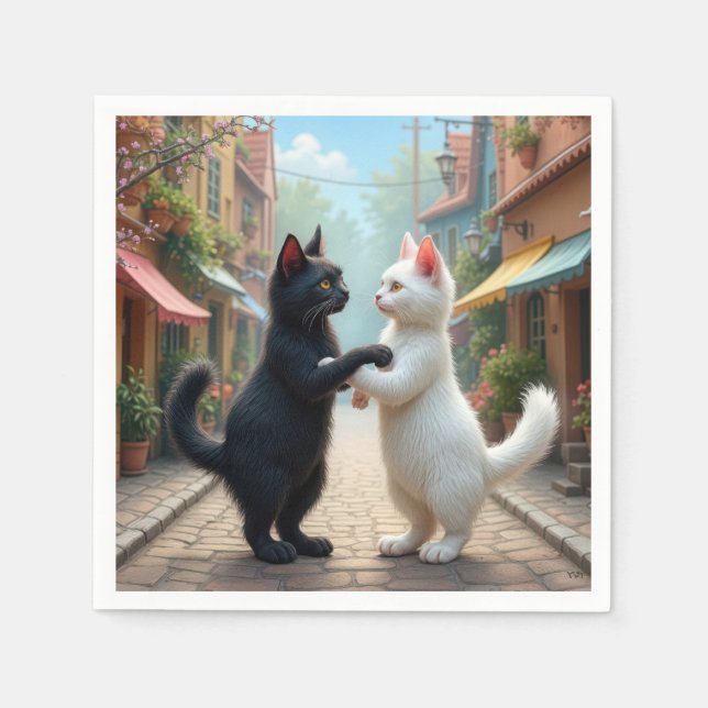Cats Slow Dancing On Cobblestone Street Napkin (Front)