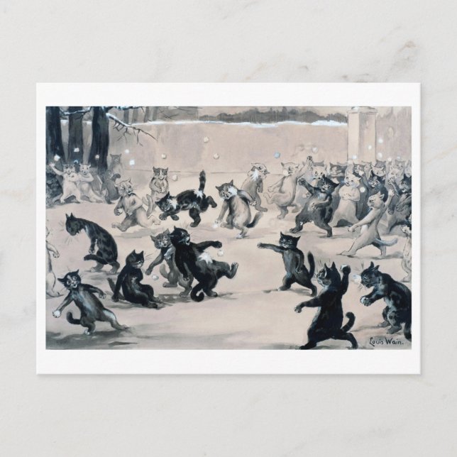 Cats Snowball Fight, Louis Wain Postcard (Front)
