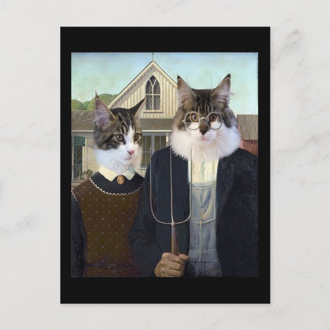 Cats spoof American Gothic postcard (Front)