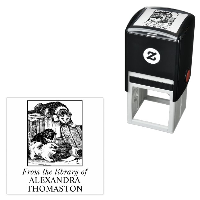 Cats Stalking Lizard on Desk Book Library Name Self-inking Stamp (In Situ)