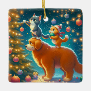 Cats Standing On Dog To Decorate Christmas Tree Ceramic Ornament