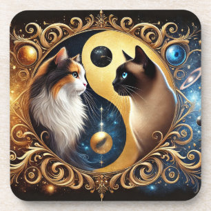 Cats Symbolising Balance with a Yin Yang Coaster