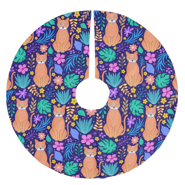 Cats & Tropical Flowers: Dark Pattern Brushed Polyester Tree Skirt (Front)