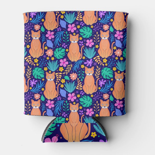 Cats & Tropical Flowers: Dark Pattern Can Cooler (Front)