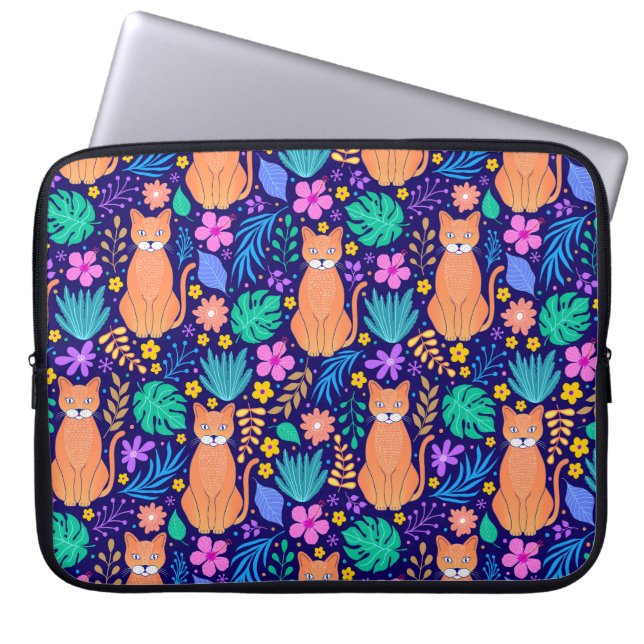 Cats & Tropical Flowers: Dark Pattern Laptop Sleeve (Front)