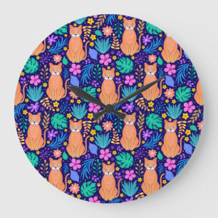Cats & Tropical Flowers: Dark Pattern Large Clock