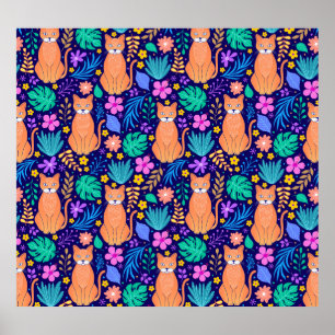 Cats & Tropical Flowers: Dark Pattern Poster