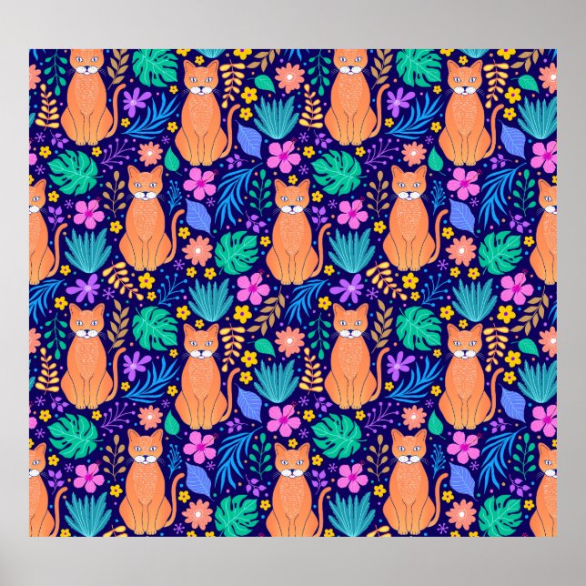 Cats & Tropical Flowers: Dark Pattern Poster (Front)
