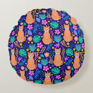 Cats & Tropical Flowers: Dark Pattern Round Cushion