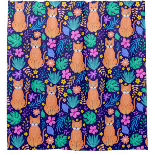 Cats & Tropical Flowers: Dark Pattern Shower Curtain