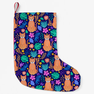 Cats & Tropical Flowers: Dark Pattern Small Christmas Stocking