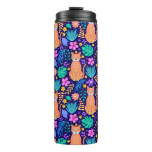 Cats & Tropical Flowers: Dark Pattern Thermal Tumbler