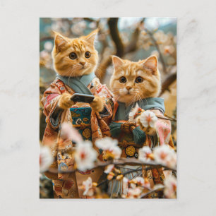 Cats Under Cherry Blossoms in Japan Holiday Postcard