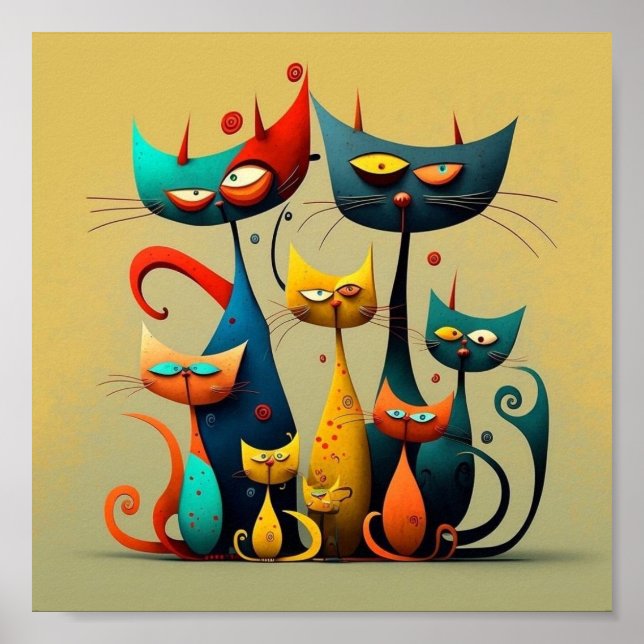 cats, vibrant, colourful, whimsical, stylised, pla poster (Front)