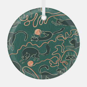 Cats Vintage: Doodle Seamless Pattern Glass Tree Decoration