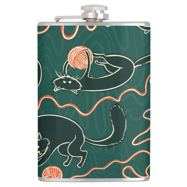 Cats Vintage: Doodle Seamless Pattern Hip Flask (Front)
