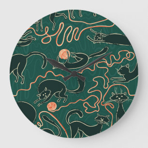 Cats Vintage: Doodle Seamless Pattern Large Clock