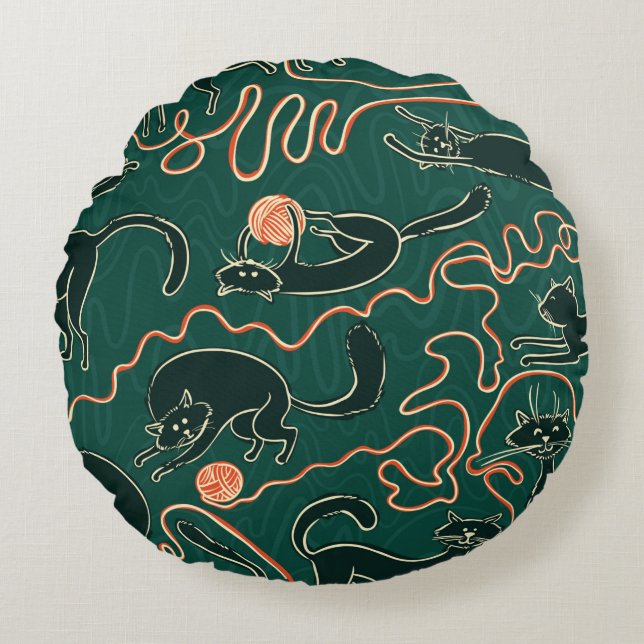 Cats vintage doodle seamless pattern round cushion (Front)
