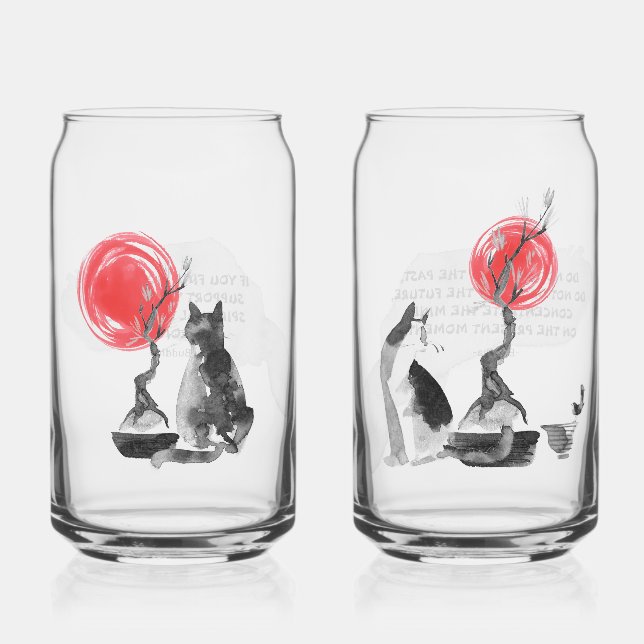 Cats with Bonsais and Buddha Quotes Can Glass (Front)