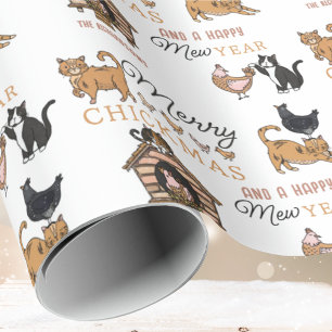 Cats with Chickens and Name Christmas Wrapping Paper