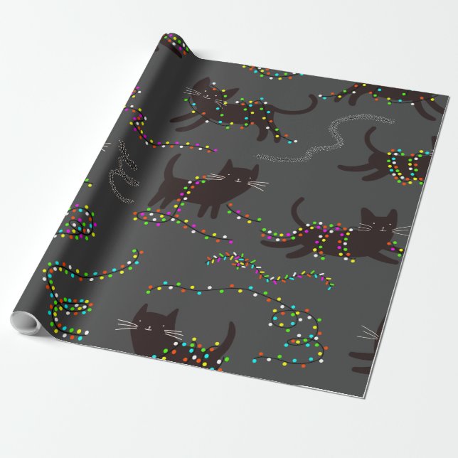 Cats with Christmas Lights Pattern Wrapping Paper (Unrolled)
