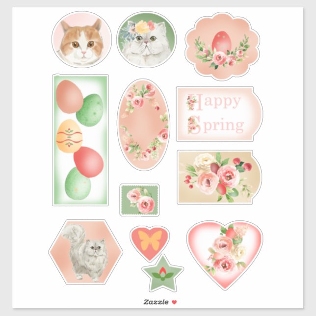 Cats with Flowers Easter and Spring Stickers (Sheet)
