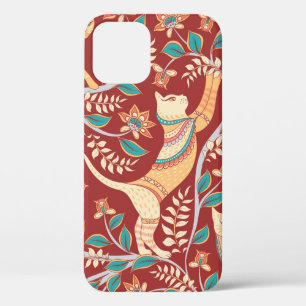 Cats with ornaments,branches with flowers and leav iPhone 12 case