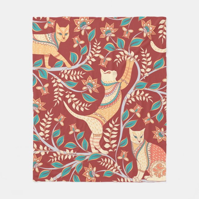 Cats with ornaments,branches with flowers and leav fleece blanket (Front)