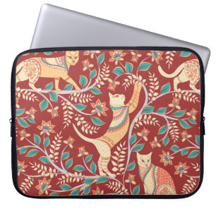 Cats with ornaments,branches with flowers and leav laptop sleeve