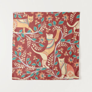 Cats with ornaments,branches with flowers and leav tapestry