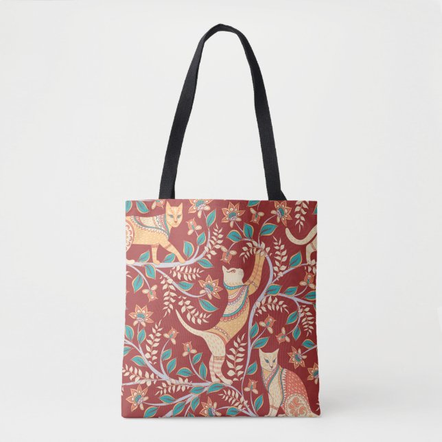 Cats with ornaments,branches with flowers and leav tote bag (Front)