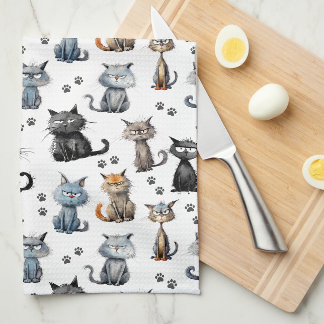 Cats With Scowling Faces and Paw Prints Pattern Tea Towel (Quarter Fold)