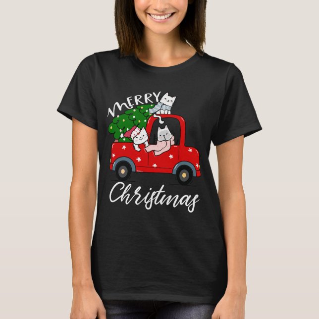 Cats xmas Tree on Red Truck Cat Christmas tree T-Shirt (Front)
