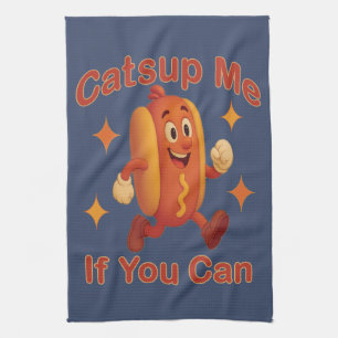 Catsup Me If You Can Funny Hot Dog – Ketchup Pun Tea Towel