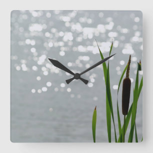 Cattail in Front of Lake Square Wall Clock
