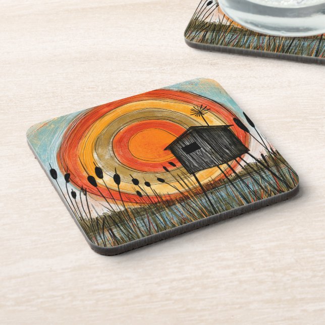 Cattail Sunset Marsh Stilt Cabin Coaster (Left Side)