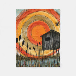 Cattail Sunset Marsh Stilt Cabin Fleece Blanket