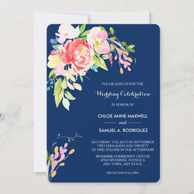 Cattails and Floral on Navy Blue Wedding Invitation (Front)