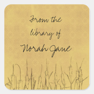 Cattails Botanical Drawing Personalised Name Square Sticker