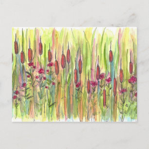 Cattails Wildflowers Meadow Watercolor Drawing Postcard