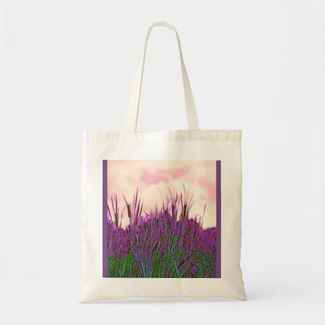 Cattails with dramatic pink sky and purple leaves tote bag (Front)