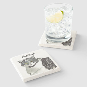 Cattitude Black & White Cat  Stone Coaster