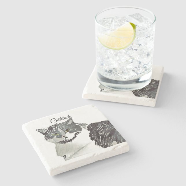 Cattitude Black & White Cat  Stone Coaster (Side)