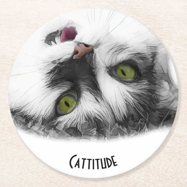 Cattitude funny cat customisable round paper coaster (Front)