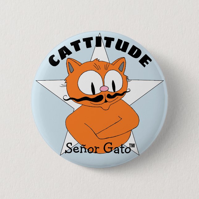 CATTITUDE Señor Gato Cartoon Moustache Cat 6 Cm Round Badge (Front)