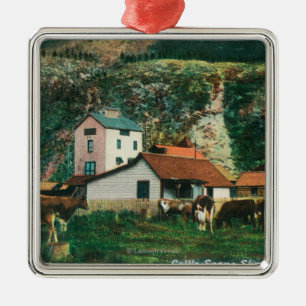 Cattle Amongst Barns SceneSkagway, AK Metal Tree Decoration