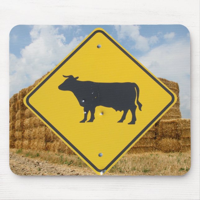 Cattle Crossing Sign, Baled Hay, Blue Sky, Clouds Mouse Mat (Front)