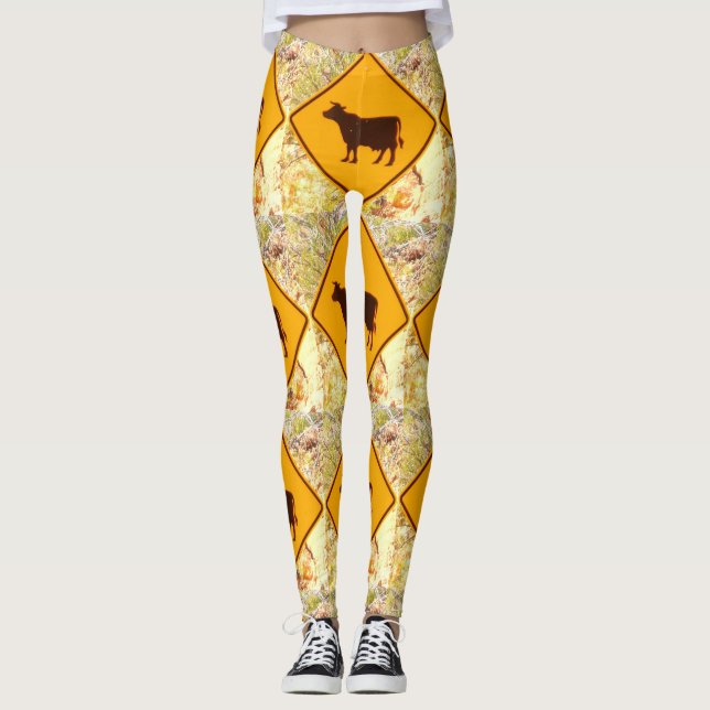cattle crossing sign yellow diamonds leggings (Front)